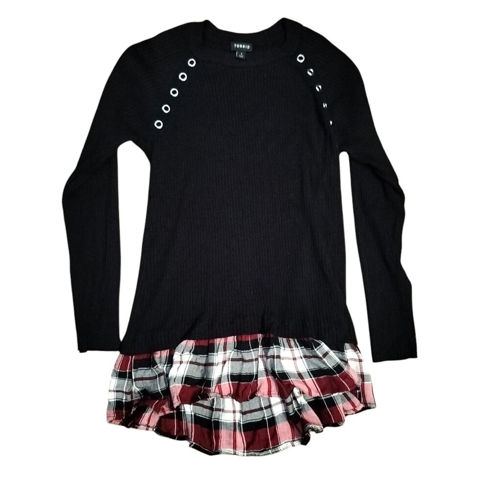 Torrid Women's Black Shirt with plaid ruffles 2000s layered look